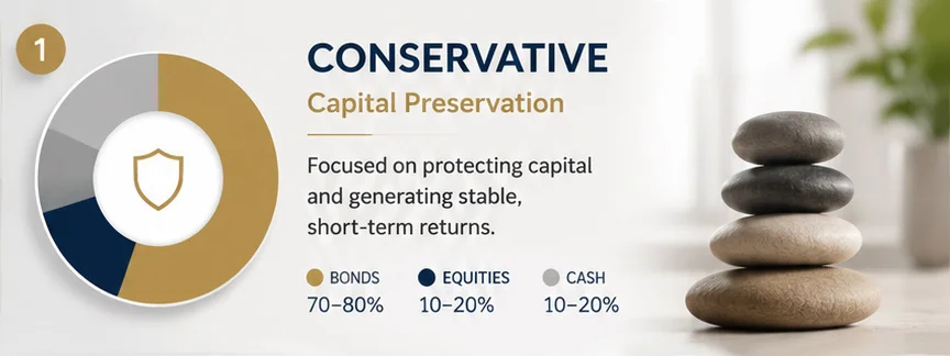 Conservative investment portfolio focused on capital preservation and stable returns