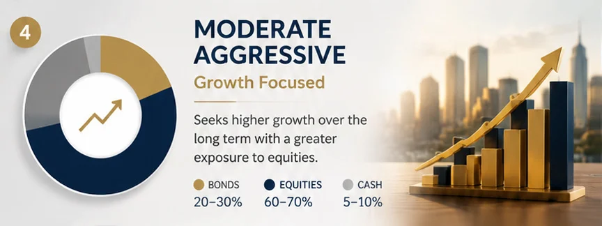 Moderate aggressive investment portfolio focused on long-term growth and higher equity exposure